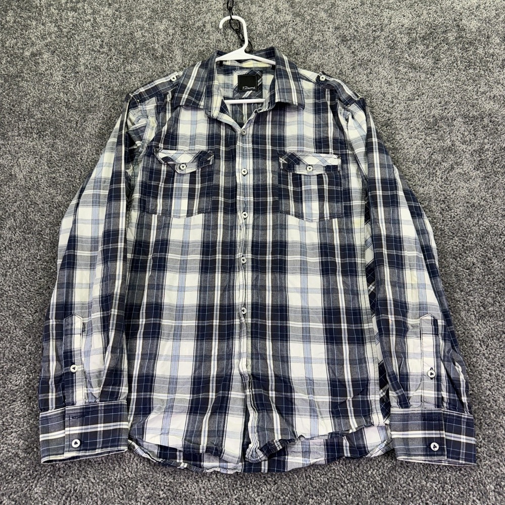 7 Diamonds Shirt Mens XL Blue Plaid Long Sleeve Button Up Casual Pockets